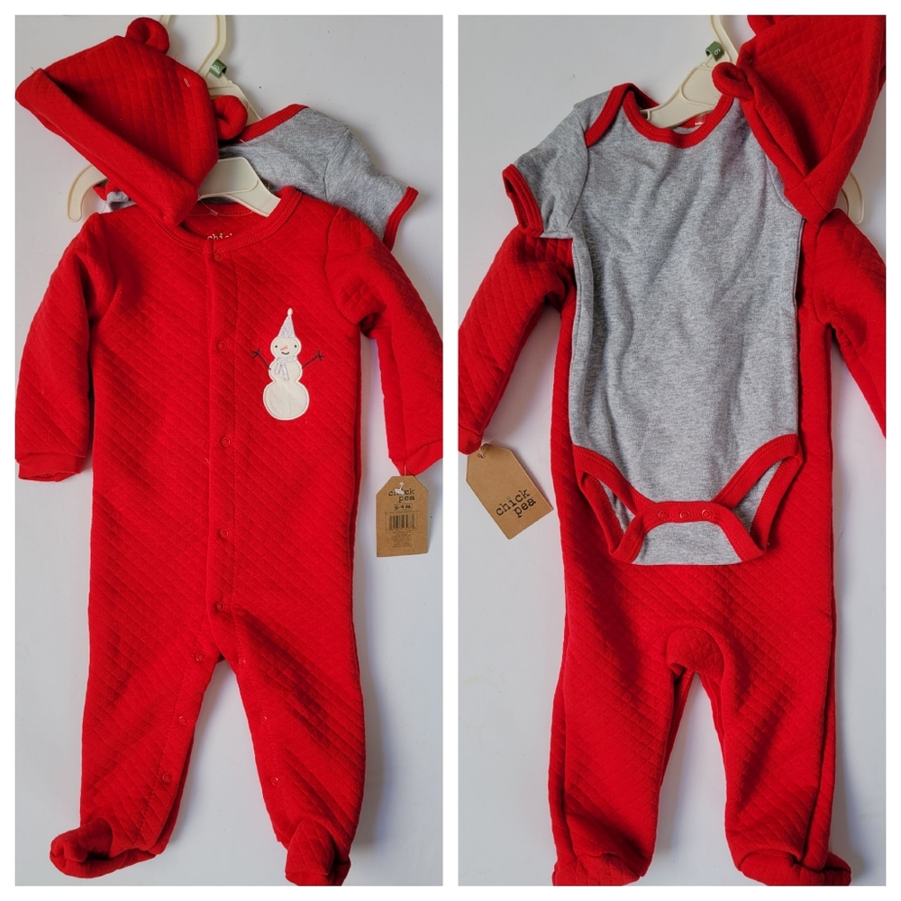 chick pea Applique SNOWMAN Christmas Holiday 3 pc Set Sleeper Onesie Hat NEW